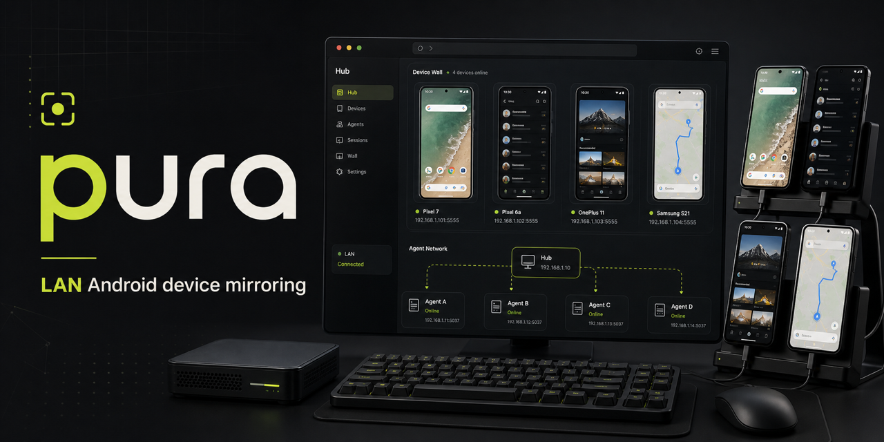 pura Hub dashboard with Android devices and agent network